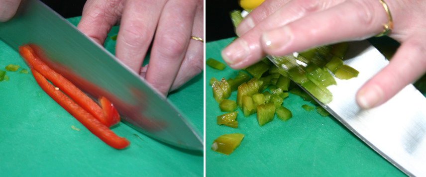 Bacalao con pisto, picando verduras
