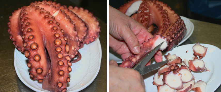 Preparando el pulpo cocido